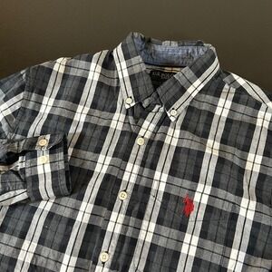 U.S. Polo Assn. Plaid Button Up Long Sleeve Shirt Black Gray Plaid Mens Small‎